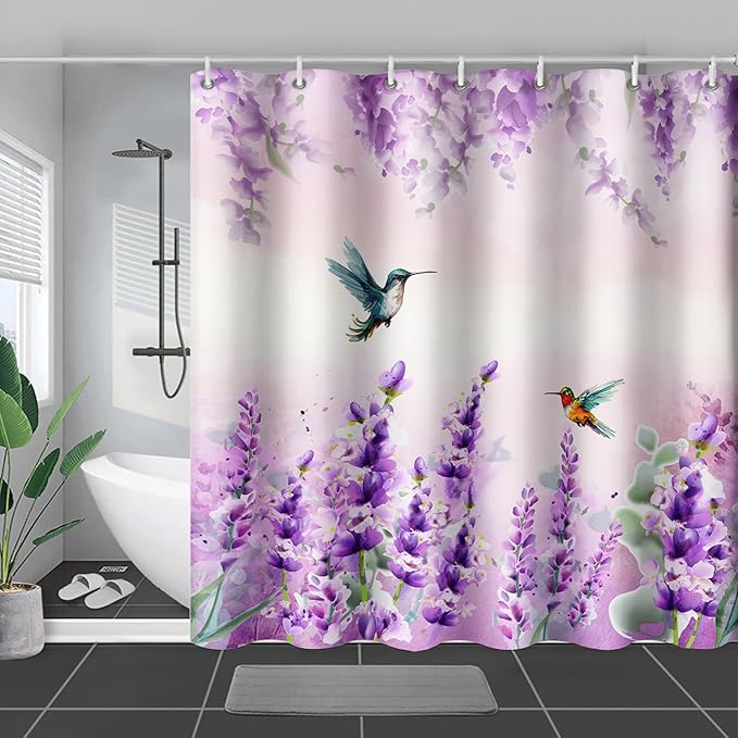 AILONEN Waterproof Floral Shower Curtain for Bathroom,Purple Pink Wisteria Lavender Flowers Shower Curtain,Botanical Floral Decor Bathroom Polyester with Grommets and Hooks 48" W*72" H