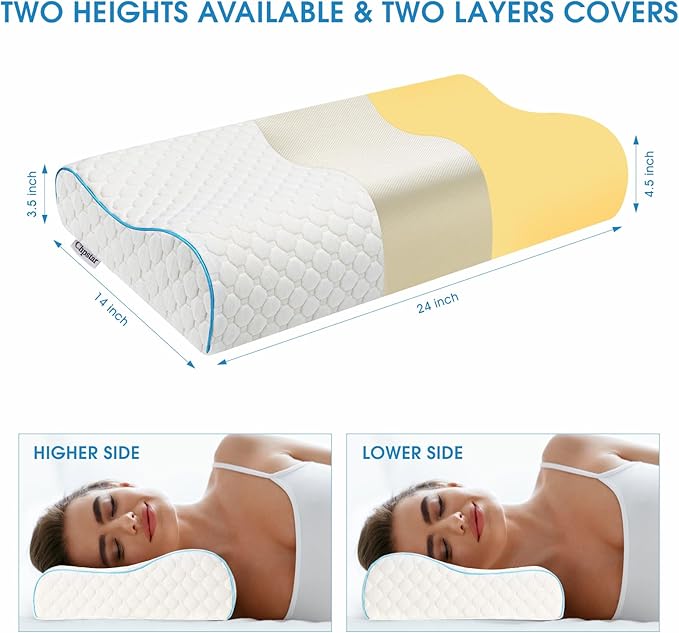 Memory Foam Pillow, Neck Bed Contour Pillow for Sleeping, Ergonomic Orthopedic Cervical Pillow for Side Back Stomach Sleeper, Queen,Firm,White