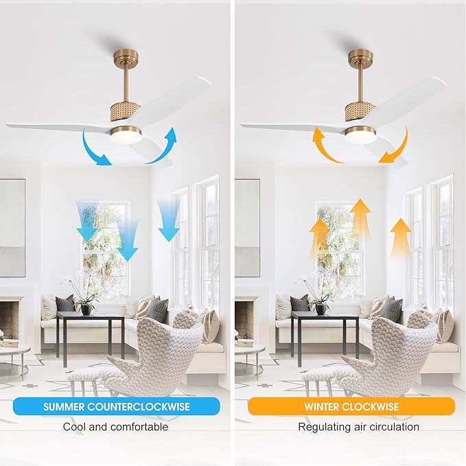 52" Ceiling Fan with Light and Remote, 3 Solid Wood Blades, Noiseless Reversible DC Motor Ceiling Fan with 4.5"/12" Downrods for Bedroom/Living Room/Porch (Gold/White)