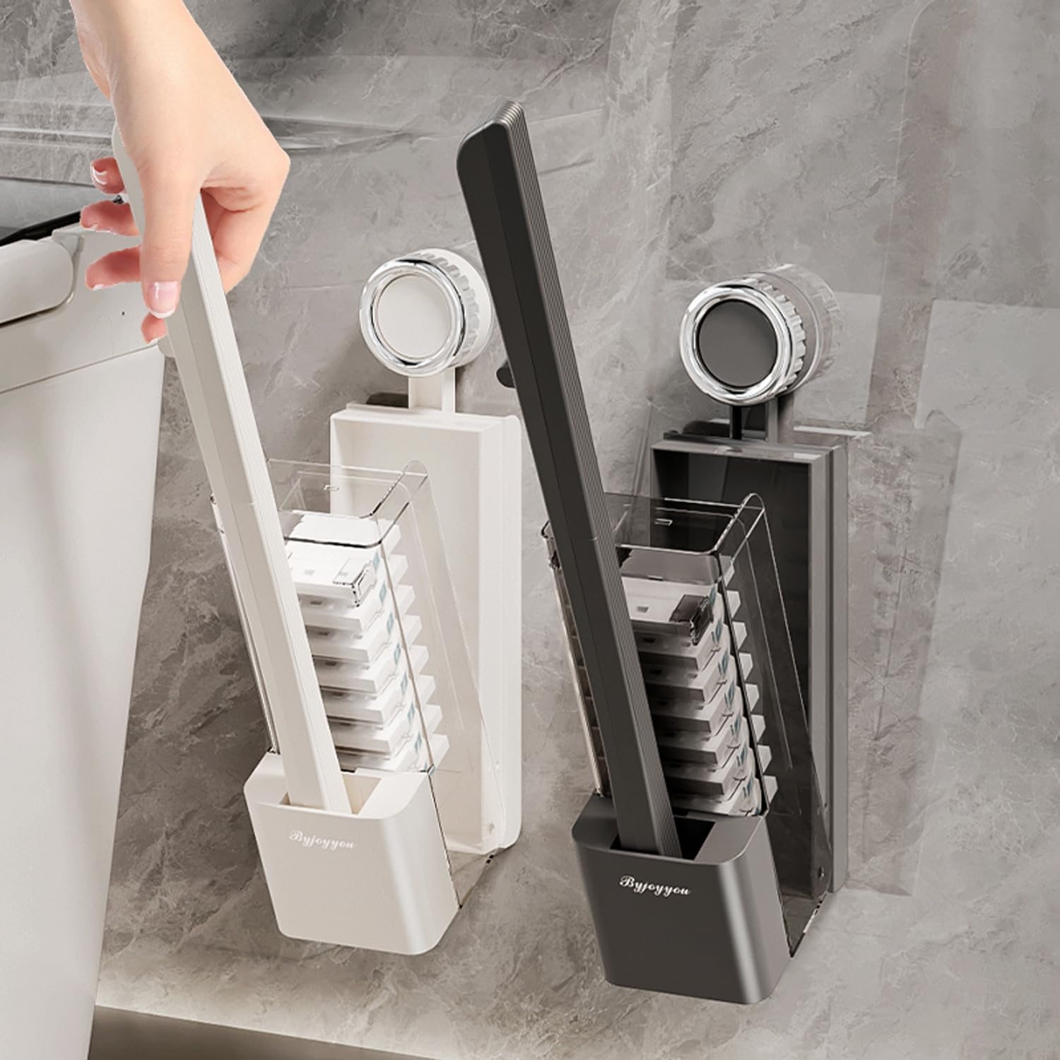 Disposable Toilet Brush with Replaceable Heads, Wall-Mounted Holder, Hygienic Bathroom Cleaning Tool (Dark Grey Toilet Brush + 8 Refills)