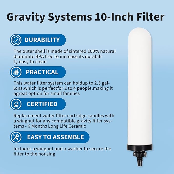 2PCS 10'' ceramic water filter Candle,10 inch water filter replacement filters with Activated Carbon for Countertop Gravity Water Filter System,Water Cooler Filtration Systems.