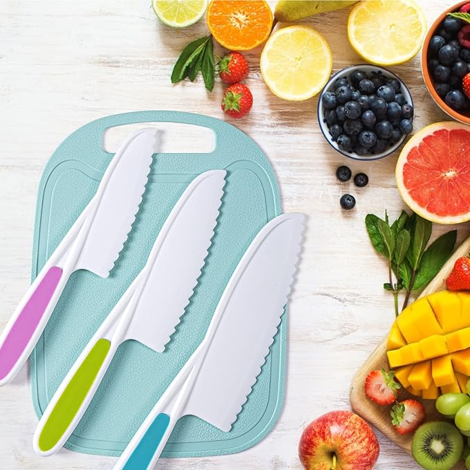 Kids Knife Set, Kids Knifes for Real Cooking, 3 Pieces Kids Knife with Cutting Board, BPA-Free Kids Kitchen Knife with Serrated Edges for Cutting Fruit, Vegetable, Salad, Bread,Sandwich