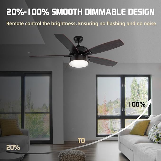 Ceiling Fans with Lights, 52 inch Ceiling Fan with Light and Remote Control, Reversible Flush Mount Ceiling Fan, Dimmable 5 Blades Low Profile Ceiling Fan for Living Room Bedroom
