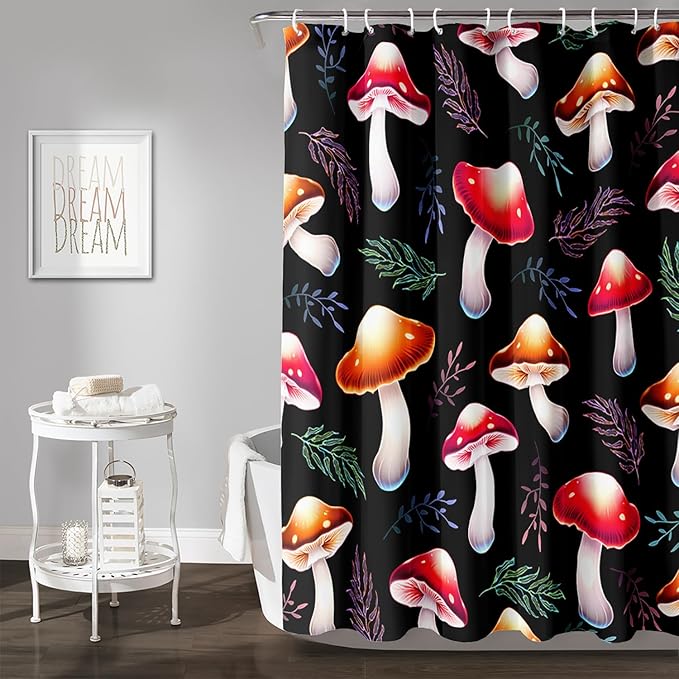 AILONEN Cartoon Mushroom Shower Curtain,Cute Red Mushroom Waterproof Fabric Bath Curtain for Kids Girls Boys,Natural Fungal Plants Shower Curtain Set for Bathroom 72" W*84" H
