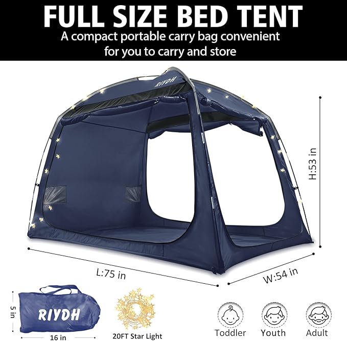 Bed Tent Bed Canopy Breathable 100% for Adult and Kids Light Reduction Sleeping Dream Tents Indoor Portable Big Space with String Light 3 Doors Twin Full Queen King Size