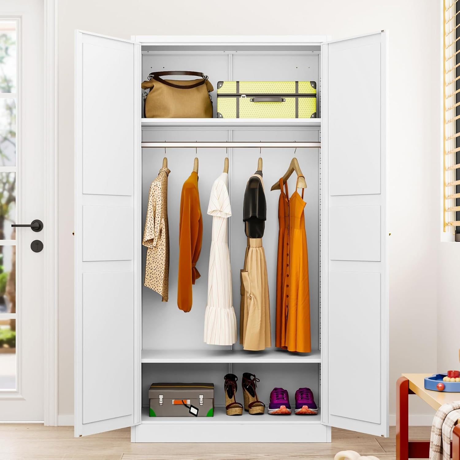 Metal Wardrobe Cabinet with Hanging Rod,White Armoire Wardrobe Closet,Metal Clothing Storage Cabinet with Adjustable Shelves and Doors,72" Wardrobes Storage Cabinet for Home,Living/Laundry Room