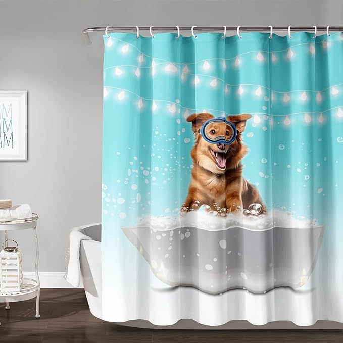 AILONEN 3D Bathtub Dog Shower Curtain for Kids 36" W*72" H Inch,Kawaii Diving Dog Sitting in a Bathtub Shower Curtain,12 Pack Hooks Polyester Waterproof Fabric Decor for Bathroom Bathtub Panels