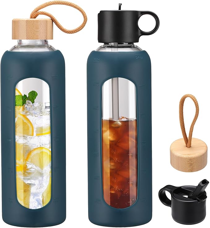 24oz Glass Water Bottle With 2 Lids-Flip Straw Lid, Bamboo Lid, Glass Water Bottle With Silicone Sleeve, Motivational Time Marker, Glass Juice Bottle for Cold Drink,Navy Blue
