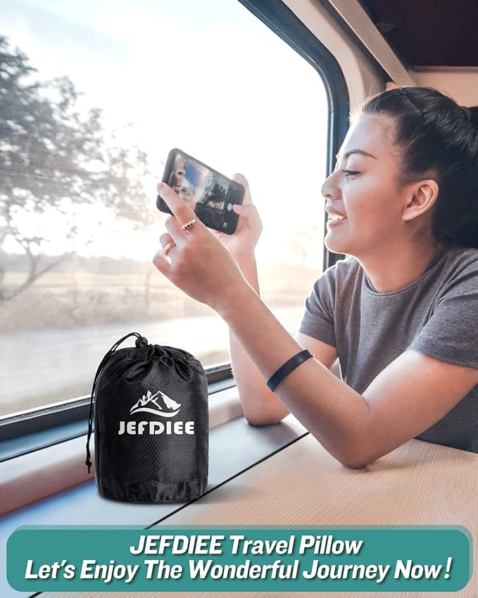 JefDiee Inflatable Travel Pillow, Airplane Neck Pillow Comfortably Supports Head and Chin for Airplanes, Trains, Cars and Office Napping with 3D Eye Mask, Earplugs and Portable Drawstring Bag (Blue)
