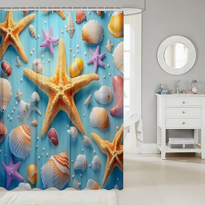 Feelyou Starfish Fabric Shower Curtain Seashell Shower Curtain for Teens Blue Ocean Bathroom Waterproof Accessories with 12 Hooks Summer Curtains,72x72 Inches