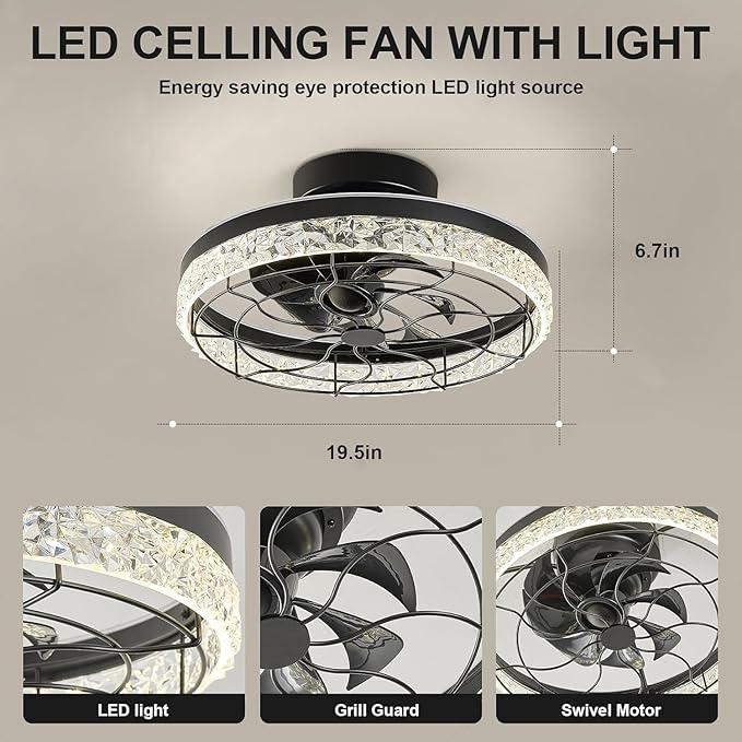 Flush Mount Ceiling Fans with Lights, Modern Low Profile Ceiling Fan with Dimmable LED Lights, Reversible Motor and Remote & App Control, Enclosed Design for Bedroom Doorway Laundry Room