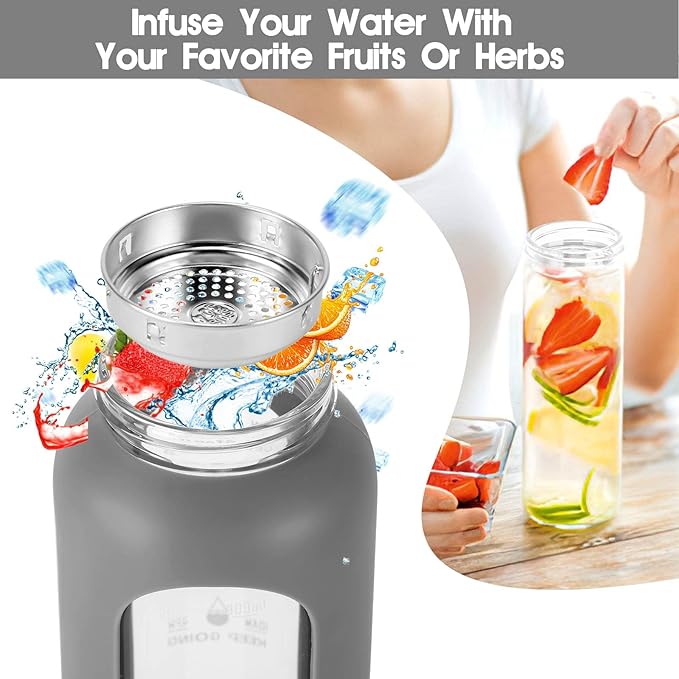 32 oz Glass Water Bottles with Straw - Motivational Glass Water Bottle with Time Marker & Silicone Sleeve - Reusable Glass Tumbler Includes 2 Bamboo Lids & Fruit Infuser - 1 Pack