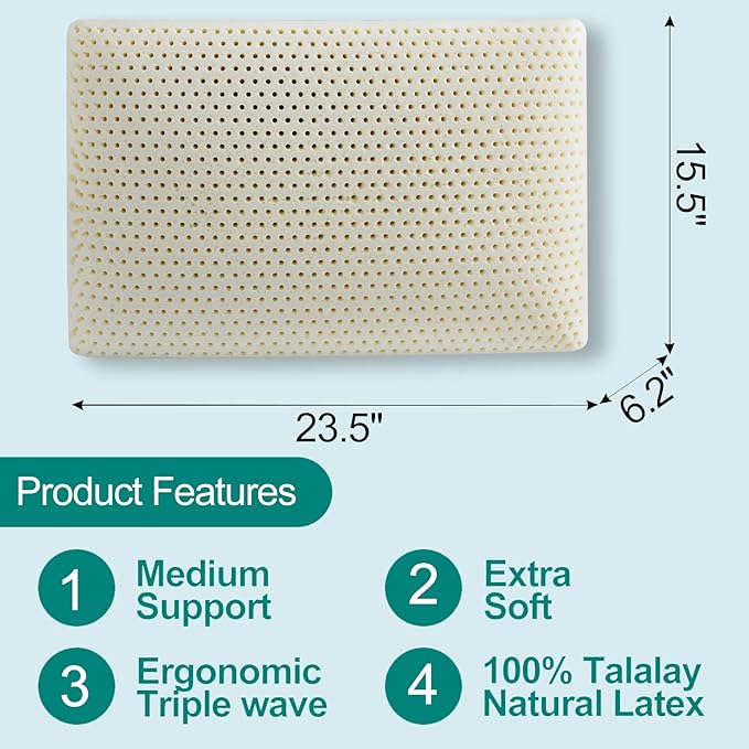 100% Talalay Latex Pillow, Extra Soft Standard Size Latex Pillow for Sleeping, Bed Pillow for Back, Side and Stomach Sleepers, Helps Relieve Shoulder and Neck Pain (High Profile)