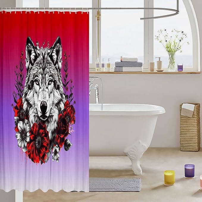 Feelyou Rose Wolf Bath Curtain Wolf Shower Curtain for Boys Girls Wolves Howling Bathroom Shower Curtain Set Wolf Life Kids Bathroom Accessories Animal Wolves 72"x72"