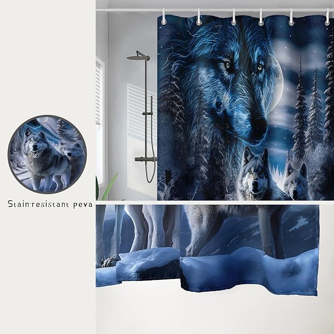 AILONEN Boys Snow Wolf Shower Curtain for Bathroom Decor,3D Night Galaxy Starry Wolf Decor Bath Curtain 72" W*72" H Polyester Fabric Waterproof Bathroom Curtain with 12 Hooks