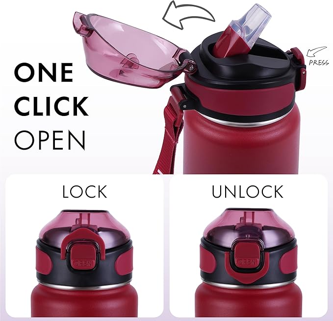 32 oz Insulated Water Bottle with Straw, Stainless Steel Metal Thermos Bottles, Durable Non-Slip Gradient Bottle with Strap for Sports and Travel, Leak Proof (Red Blue)