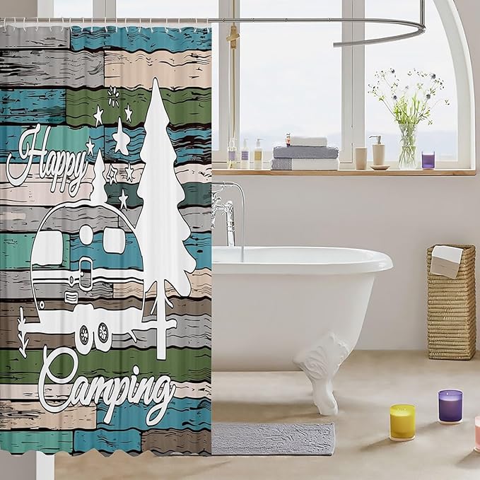 Feelyou Happy Camping Shower Curtain Camper Fabric Shower Curtain Kids Boys Girls Camping Print Decor Bathroom Waterproof Accessories with 12 Hooks Rustic Vintage Farmhouse Style Curtains,72x84 Inches