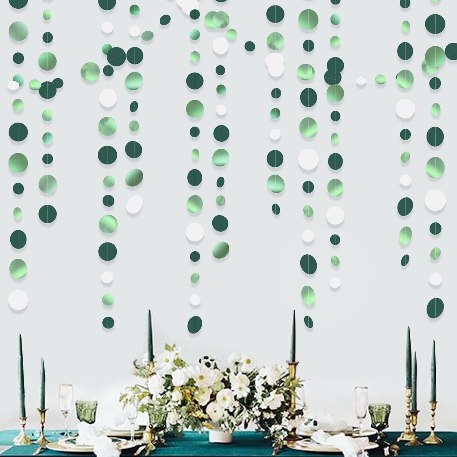 46 Ft Sage Green Party Decorations Metallic Sage Green White Polka Dots Garlands Hanging Paper Circle Dots Streamer for Birthday Baby Shower Engagement Graduation Wedding Party Decorations Supplies