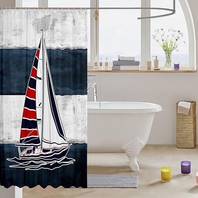 Feelyou Sailboat Bathroom Waterproof Accessories with 12 Hooks Nautical Decor Fabric Shower Curtain for Kids Boys Girls Sea Adventure Shower Curtain Ocean Themed Curtains,72x72 Inches