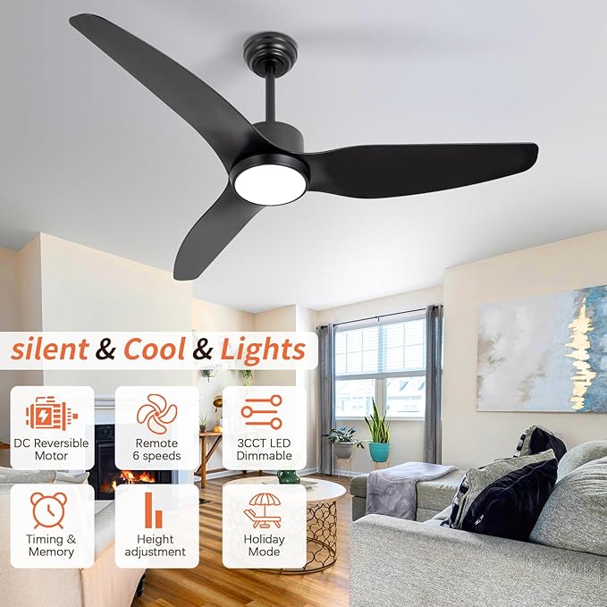 Black Ceiling Fan with Light Remote 52in 6Speed Silent Reversible Motor 3CCT Dimmable LED Adjustable Height Timer Memory Function Modern ABS Blades Vacation Mode flush Mount Indoor Outdoor Use