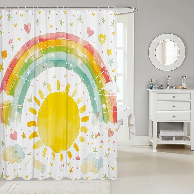 Feelyou Boys Girls Sun Bathroom Shower Curtain Set Rainbow Bath Curtain Colorful Shower Curtain Kids Cute Cartoon Teens Bathroom Accessories Room Decor 72"x84"