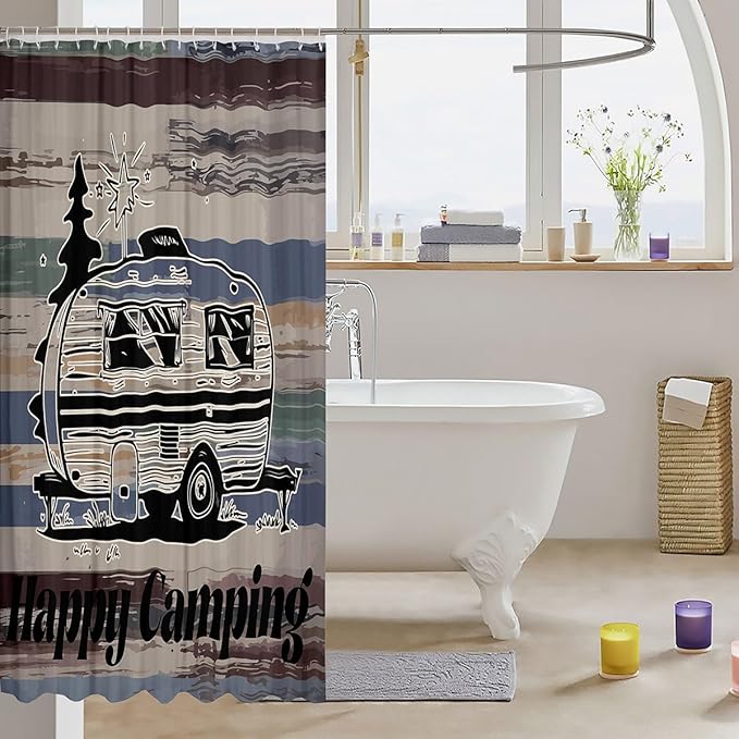 Feelyou Camper Shower Curtain Happy Camping Fabric Shower Curtain for Kids Boys Girls Wooden Rustic Bathroom Waterproof Accessories with 12 Hooks Rv Camping Curtains,72x78 Inches