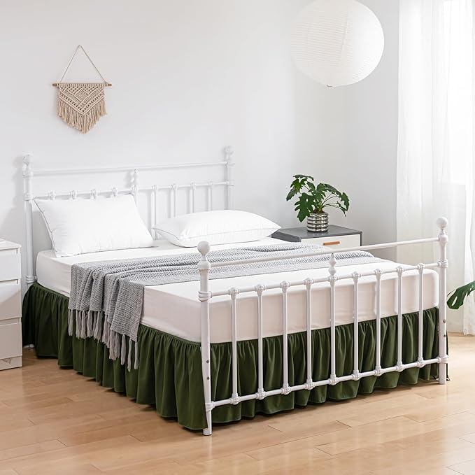 Bed Skirt Full Size Ruffled Bed Skirts with Split Corners, 14 Inch Drop Dust Ruffle Bed Skirt with Platform, Green