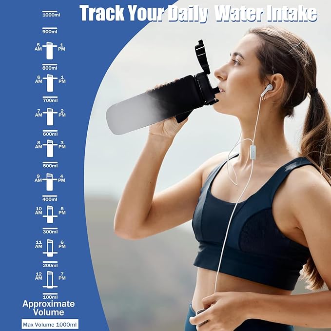 32oz/1L Water Bottle, Sports Water Bottle with Times to Drink & Lock Cover+Strainer,BPA-Free, Leakage Proof, Sports Drink Bottle for Bicycle, Outdoor, Gym, School, Reusable Daily(Black-Gray)