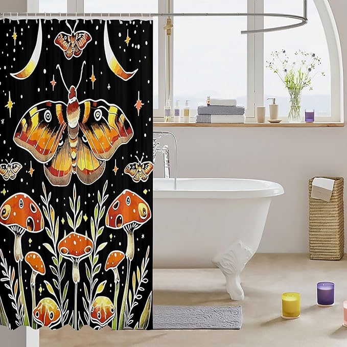 Feelyou Death Moth Shower Curtain Hippy Mushroom Fabric Shower Curtain for Kids Boys Girls Boho Moon Phase Bathroom Waterproof Accessories with 12 Hooks Bohemian Style Curtains,72x84 Inches