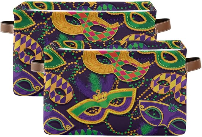 Mardi Gras Accessories Mask Beads Confetti Feather Storage Basket Fabric Laundry Baskets Fleur de Lis Purple Gold Green Storage Boxes Organizer Bag Cloth Toy Book Storage Cubes Shelf Bins 16×12×8