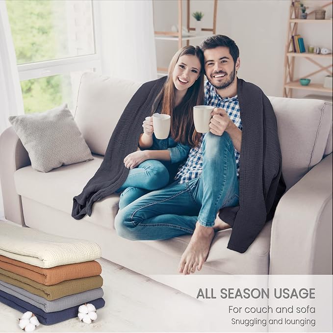 Lulu moon Muslin Blankets for Adults 55”x75” - Kids Couch Throw Blanket for Boys - Light Weighted Organic Muslin Quilt for Sofa and Bed (Blue)