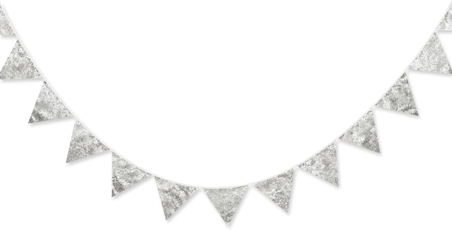 Pinkblume Double Sided Sequin Fabric Triangle Pennant Banner Flag Bunting Garland for Silver Theme Nursery Classroom Home Bedroom Wall Holiday Christmas Decor