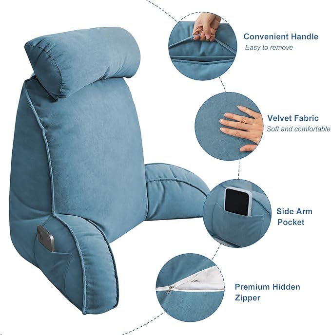 Reading Pillow for Bed Adult Size, Back Pillow for Sitting in Bed, Shredded Memory Foam Bed Chair Pillow with Arms, Pockets, Washable Cover (Blue, Large)