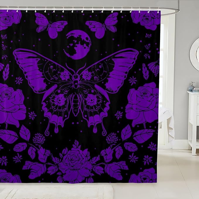 Feelyou Purple Butterfly Fabric Shower Curtain Cover Botanical Floral Shower Curtain for Kids Boys Girls Butterflies Bathroom Waterproof Accessories with 12 Hooks Flying Curtains,72x72 Inches