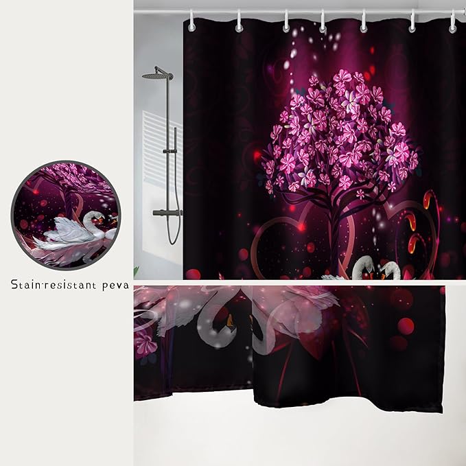 AILONEN Romantic Love Theme Shower Curtain for Girls Pink Love Tree Floral Valentine Bathroom Decor,Swan Couple Lover Bath Curtain 72" W*96" H Polyester Waterproof Bathroom Curtain with Hooks