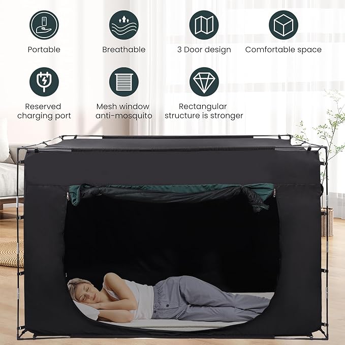 Bed Tent Bed Canopy Twin Size, Portable Sleeping Tents Dream Tents Indoor for Kids and Adult, 70% Blackout with 3 Doors Breathable Privacy Space on Bed (Mattress Not Included)