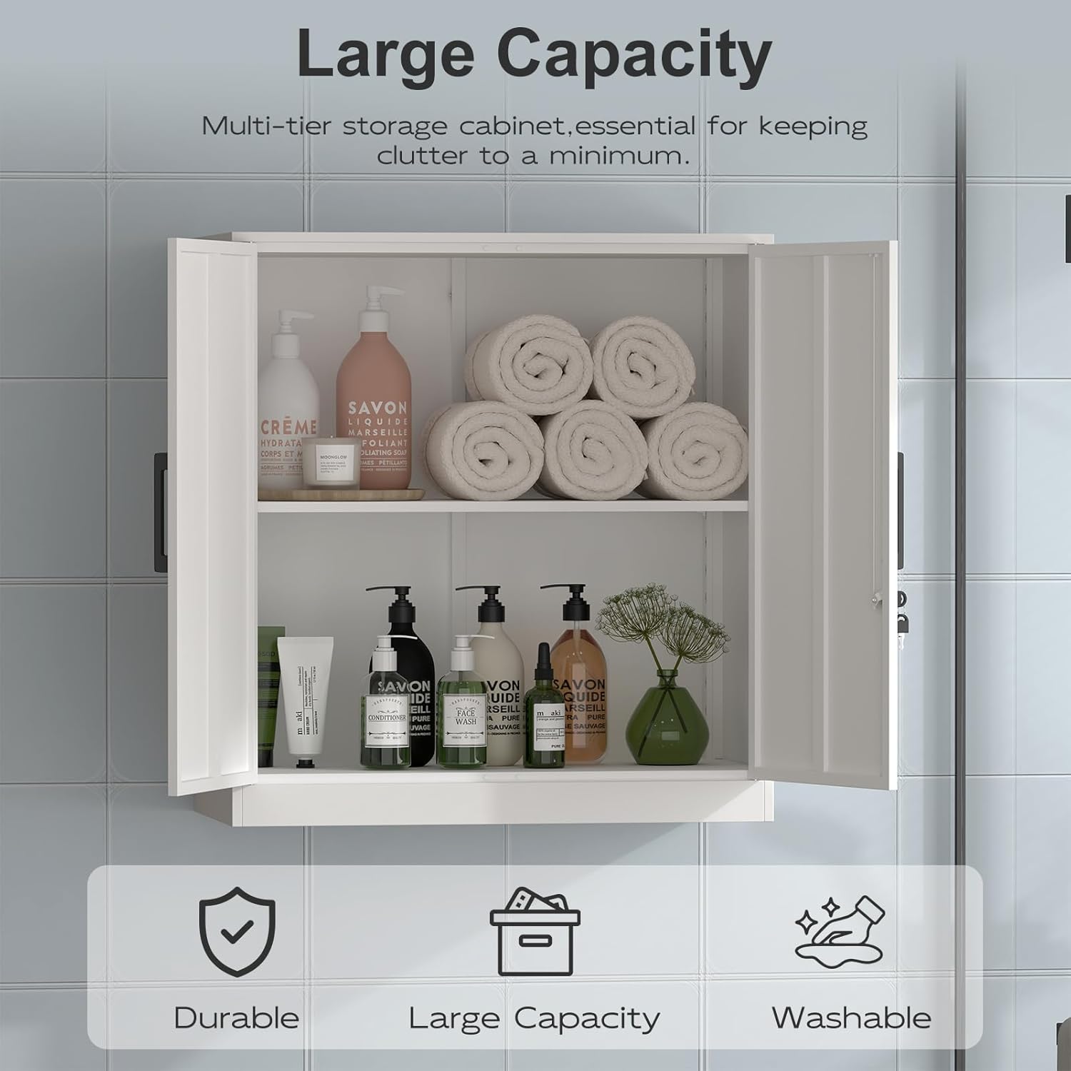 Wall Cabinet,Lockable Storage Cabinets with Adjustable Shelf,Locking Wall Storage Cabinet with Doors for Laundry Room,Home Office,White