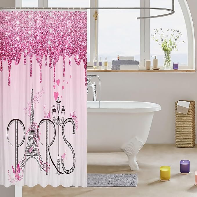 Feelyou Eiffel Tower Shower Curtain 72"x84" Glitter Romantic Paris Bathroom Shower Curtain Set for Boys Girls Teens Ombre Pink Butterfly Bath Curtain Modern French Bathroom Accessories(No Glitter)
