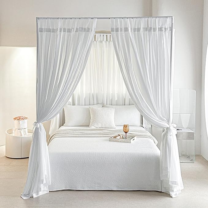 AIKASY Canopy Bed Board with Top and Self-Adhesive Velcro Strips, White Gauze Princess Bed Canopy Curtain Tent, Creating a Romantic Atmosphere in The Room（King/California King，White）