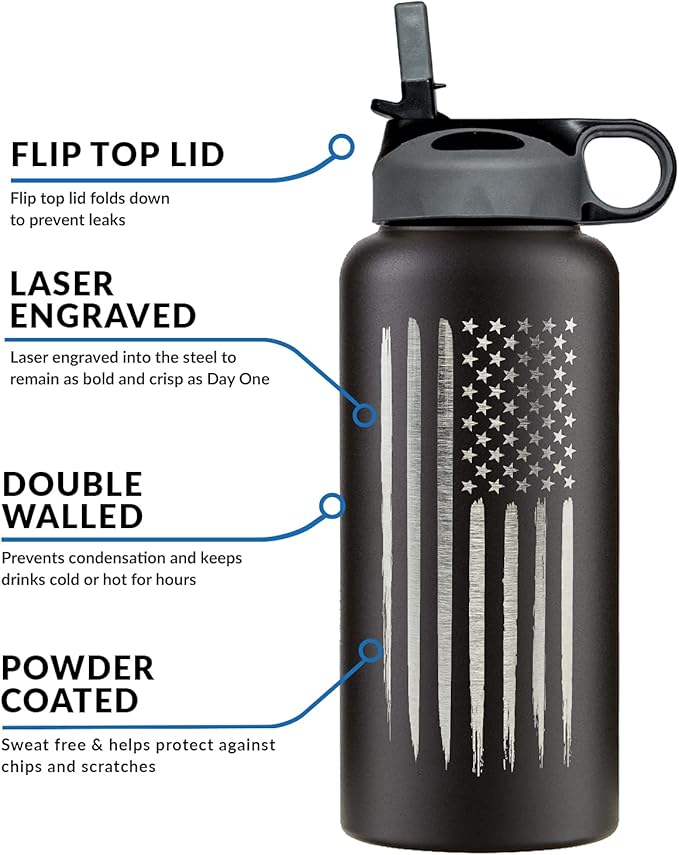 32oz American Flag Stainless Steel Insulated Water Bottle - Engraved USA Flag - American Flag Gift Set | Disabled USMC Vet Owned SMALL Business