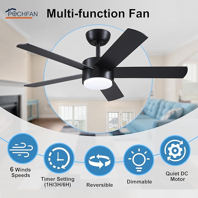 42 inch Black Ceiling Fan with Light Remote Control, LED Ceiling Fans with Lights, 3-Colors Dimmable, Reversible, Modern Ceiling Fan for Bedroom, Dining Room, Living Room