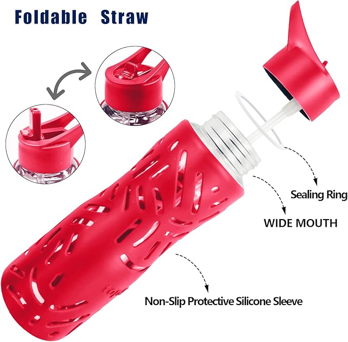 25oz Glass Water Bottles with Silicone Sleeve, 3 Different Lids (BPA Free) for Wide Mouth Glass Drink Bottles for Fitness and Outdoor (Red)