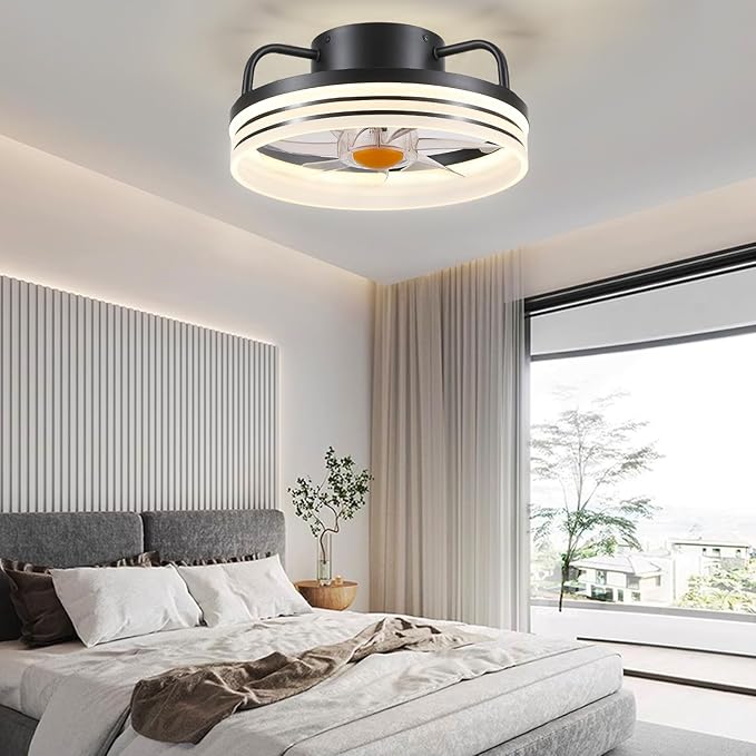 Ceiling Fans with Lights - 13" Bladeless Flush Mount Ceiling Fans with Remote and Led Light, 3CCT 6 Speeds 2 Timer, Black Low Profile Ceiling Fan Light for Modern Indoor Bedroom
