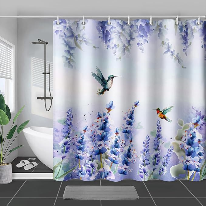AILONEN Waterproof Floral Shower Curtain for Bathroom,Purple Blue Botanical Wisteria Lavender Flowers Shower Curtain,Watercolor Floral Decor Bathroom Polyester with Grommets and Hooks 36" W*72" H