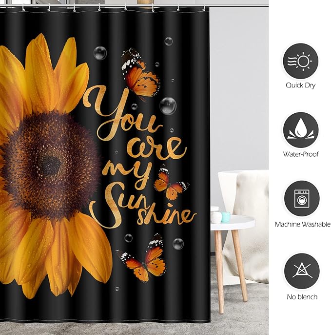 Aimego Sunflower Shower Curtain Butterfly Floral You are My Sunshine on Black Background Farmhouse Shower Curtain Set with 12 Hooks for Bathroom Decor Accessories Bathtub Curtain, 72"x72"