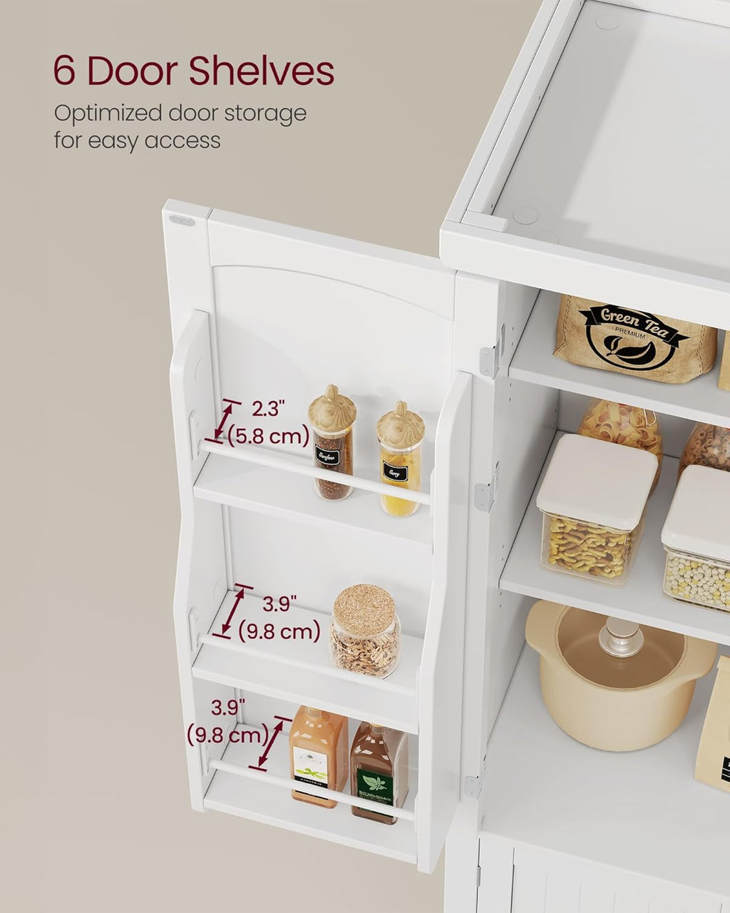 VASAGLE Pantry Cabinet, 53.5-Inch High Freestanding Tall Cupboard Storage Cabinet, 2 Cabinets, 2 Adjustable Shelves, 6 Door Shelves, for Living Room, Kitchen, White UBBC671W01