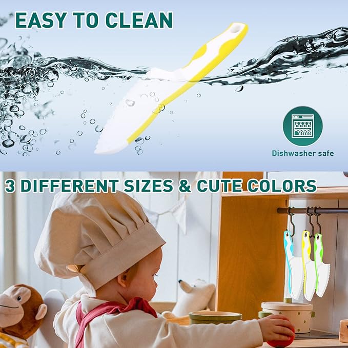 Kids Knife Set for Real Cooking, Premium 3-Piece Plastic Toddler Knife Set, Nylon Kitchen Kid Safe Knives for Cutting Fruits Veggies - Serrated Edges, 3 Sizes & Colors (Blue-Yellow-Green)