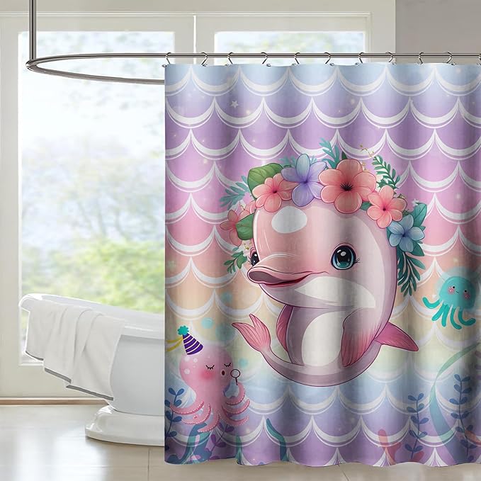 AILONEN Cute Dolphin Shower Curtain,Beautiful Sea World Theme Bath Curtain Cloth Fabric Bathroom 72" W*96" H Inch,12 Pack Hooks for Kids Child Cute Pink Dolphin Sea Animal Bathroom Curtain