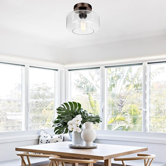 Industrial Semi Flush Mount Ceiling Light Oil Rubbed Bronze, 800 Lumen LED Bulb Included, Clear Glass Shade Ceiling Light Fixture, Light Fixture for Hallway Bathroom Bedroom, Hanging Light Fixtures