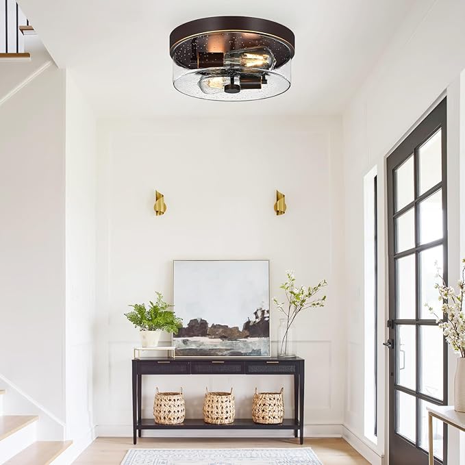 Flush Mount Ceiling Light Fixtures, 2-Light Oil Rubbed Bronze Ceiling Mount for Farmhouse with Seeded Glass Lampshade, Industrial Flush Mount Light Fixture for Hallway, Kitchen, Entryway and Foyer